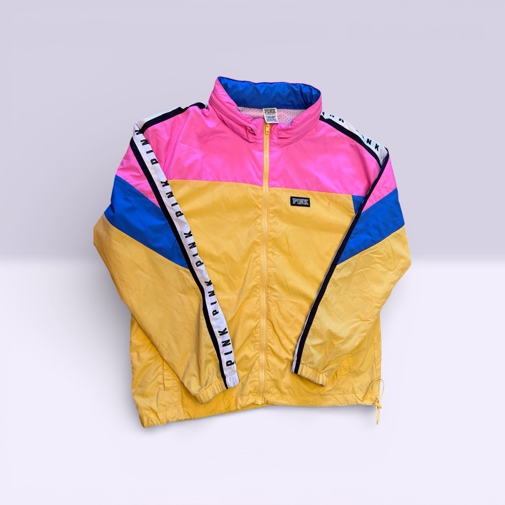 Victoria's Secret Pink Yellow Blue Block Retro Windbreaker Hooded Jacket